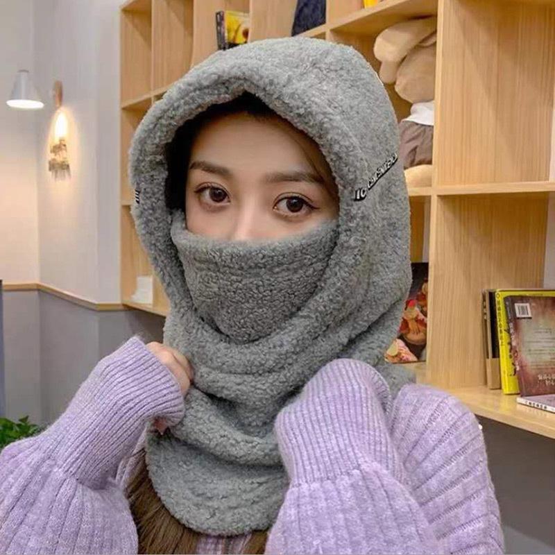 Lamb Wool To Keep Women Warm In Winter, Thickened Anti-wind and Cold, Ear Protection, Face, Scarf, Mask, Integrated Hat, Cycling