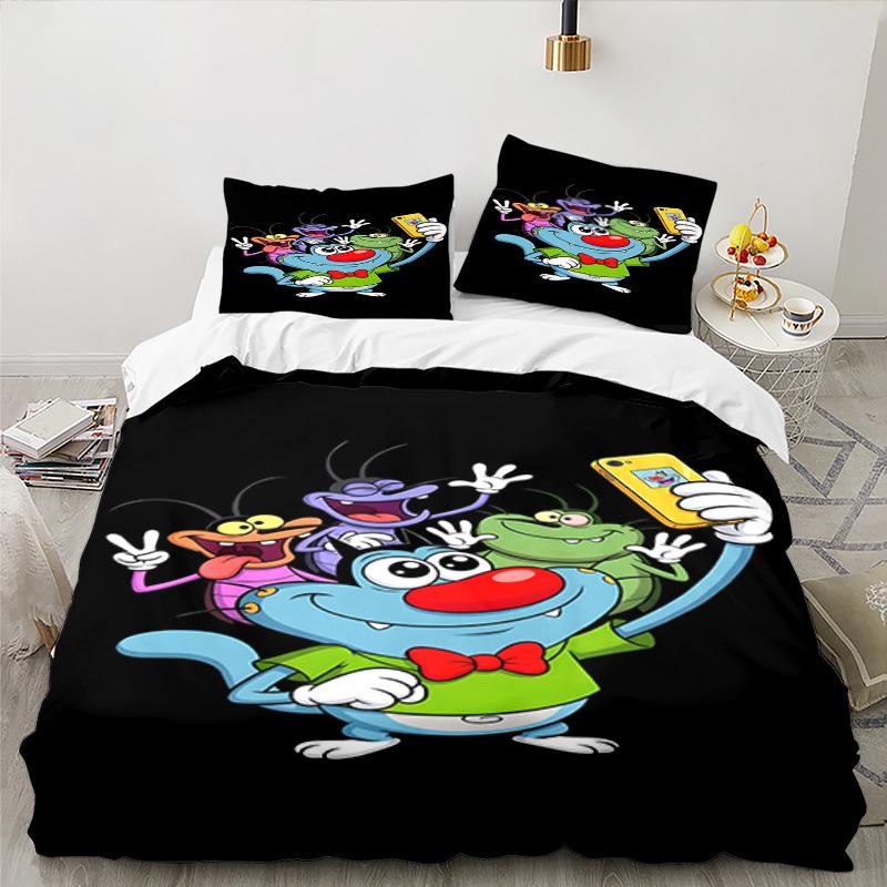 3PCS Oggy Bedding Set Printed Duvet Cover Closure Includes 1 Duvet Cover & 2 Pillowcases for All Seasons Bedroom Decor