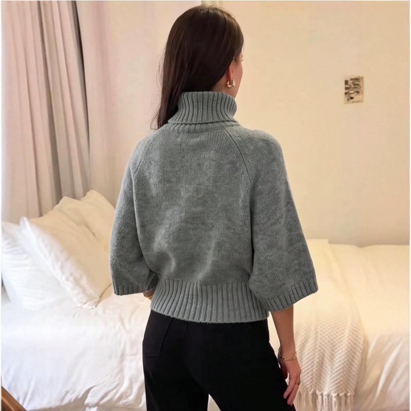 Women S Solid Gray Batwing Sleeve Turtleneck Fitted Pullover Knit Sweater