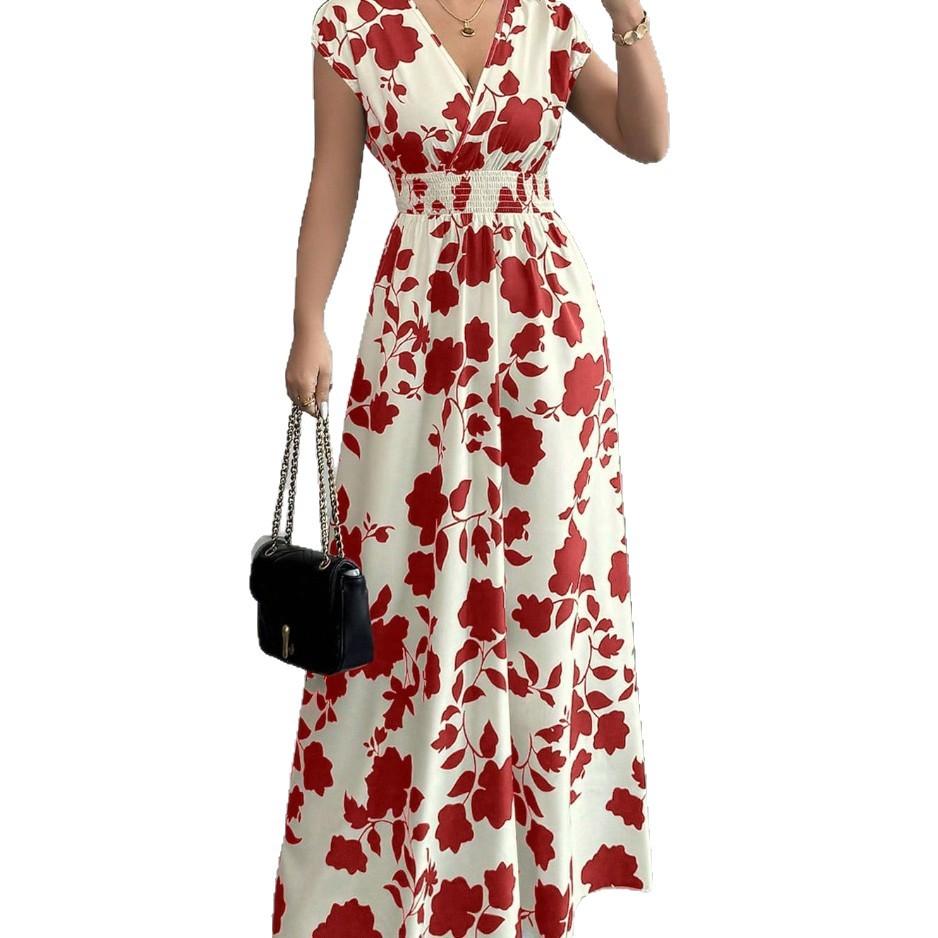 Short-sleeved dress, new printed V-neck long dress, European and American summer waist women's clothing
