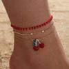 Multilayer Charm Red Cherry Anklets for Women Vintage Boho Shiny Zircon Starfish Shell Conch Foot Leg Ankle Chain Beach Zircon