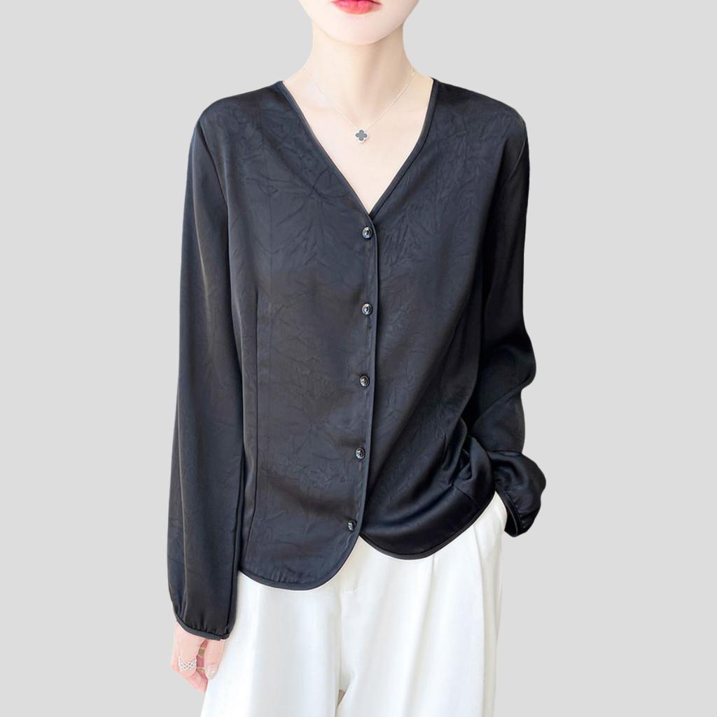 Women's Luxury Satin Blouse Long Sleeve Loose V-Neck Shirt Spring and Summer
