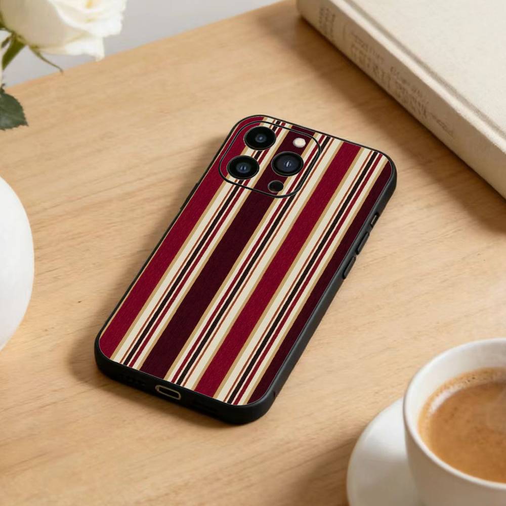 Burgundy White Stripe  Phone Case For iPhone17,16,15,14,13,12 Plus,Max Soft Silicone Black Cover