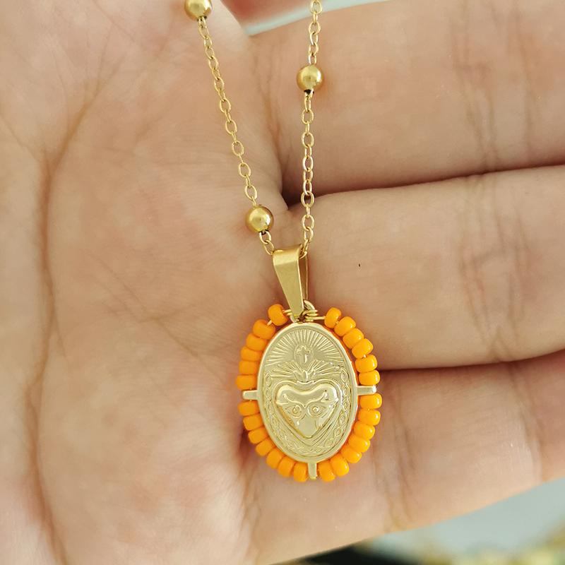 QMHJE Virgin Mary Pendant Charm Necklace Women Cross Scared Heart Jesus Choker Seed Beads Stainless Steel Chain Gold Color Mom