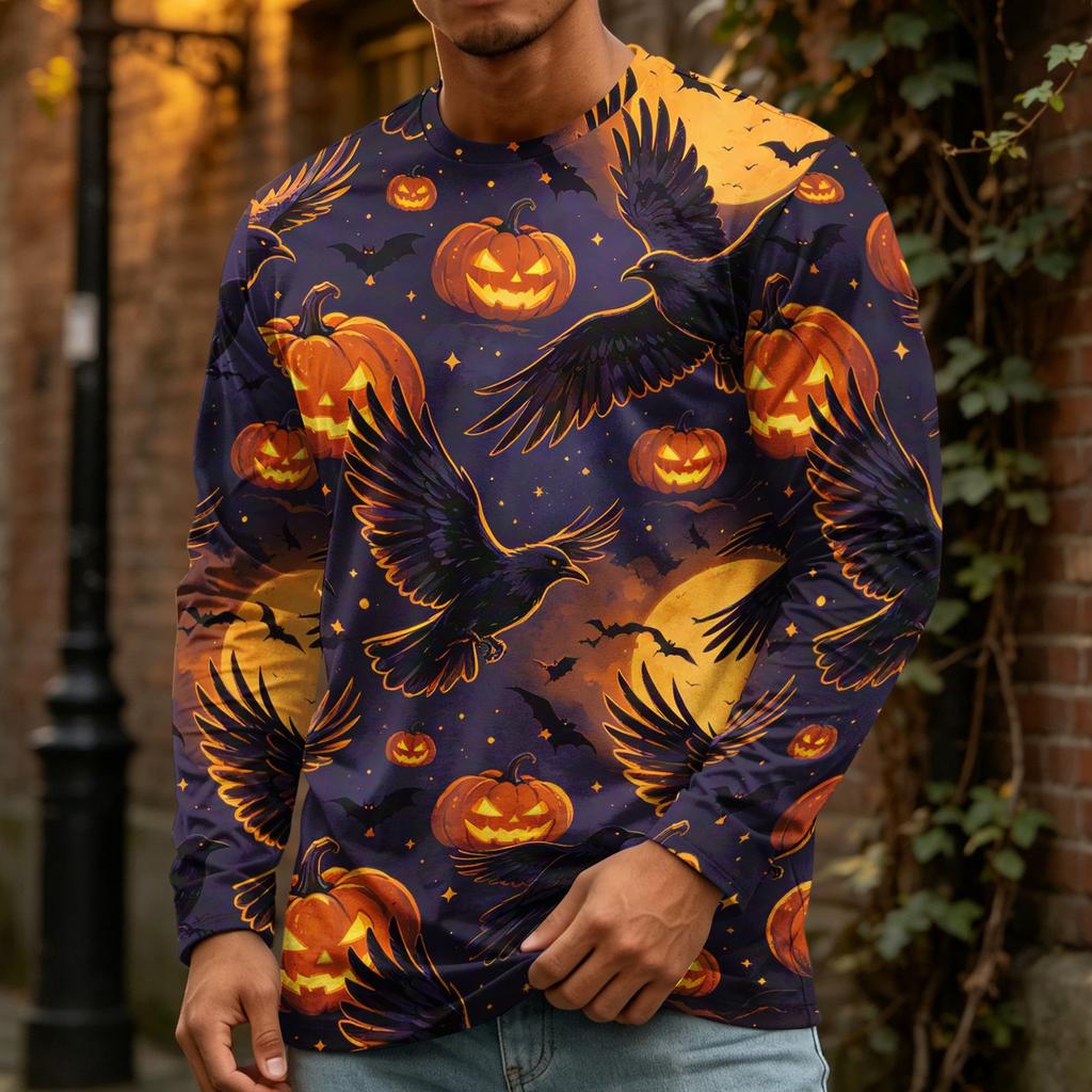 Men's Halloween Print Crewneck Long Sleeve T-Shirt for Casual Wear
