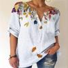 Womens Floral Print V Neck Half Button Linen Blouse Casual Loose Shirt