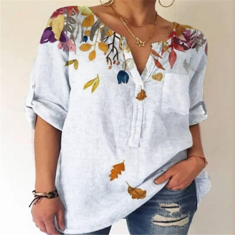 Womens Floral Print V Neck Half Button Linen Blouse Casual Loose Shirt