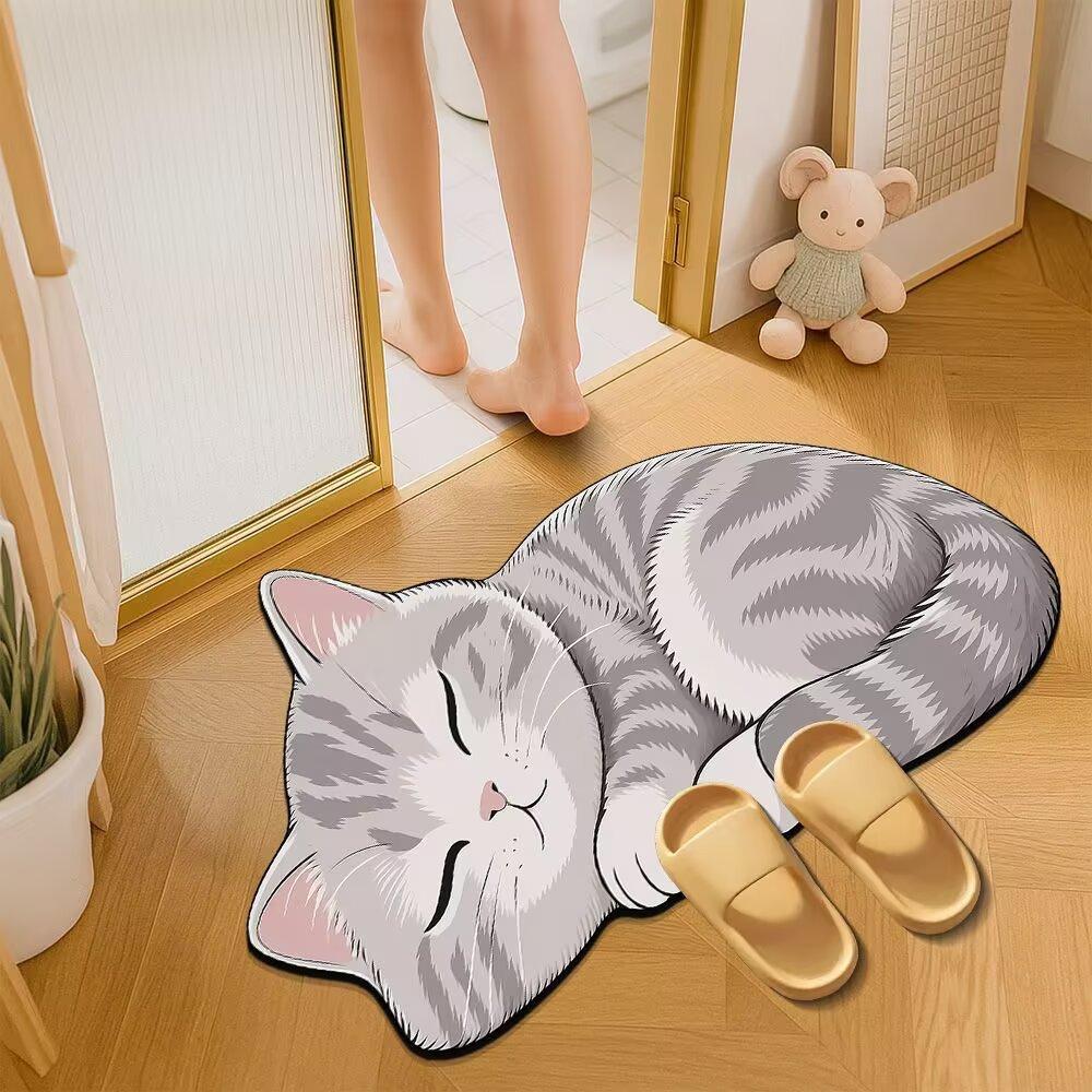 Cartoon Cat Bathroom Mat, Shower Room Water-absorbing and Wear-resistant Floor Mat, Room Dirt-resistant Door Mat