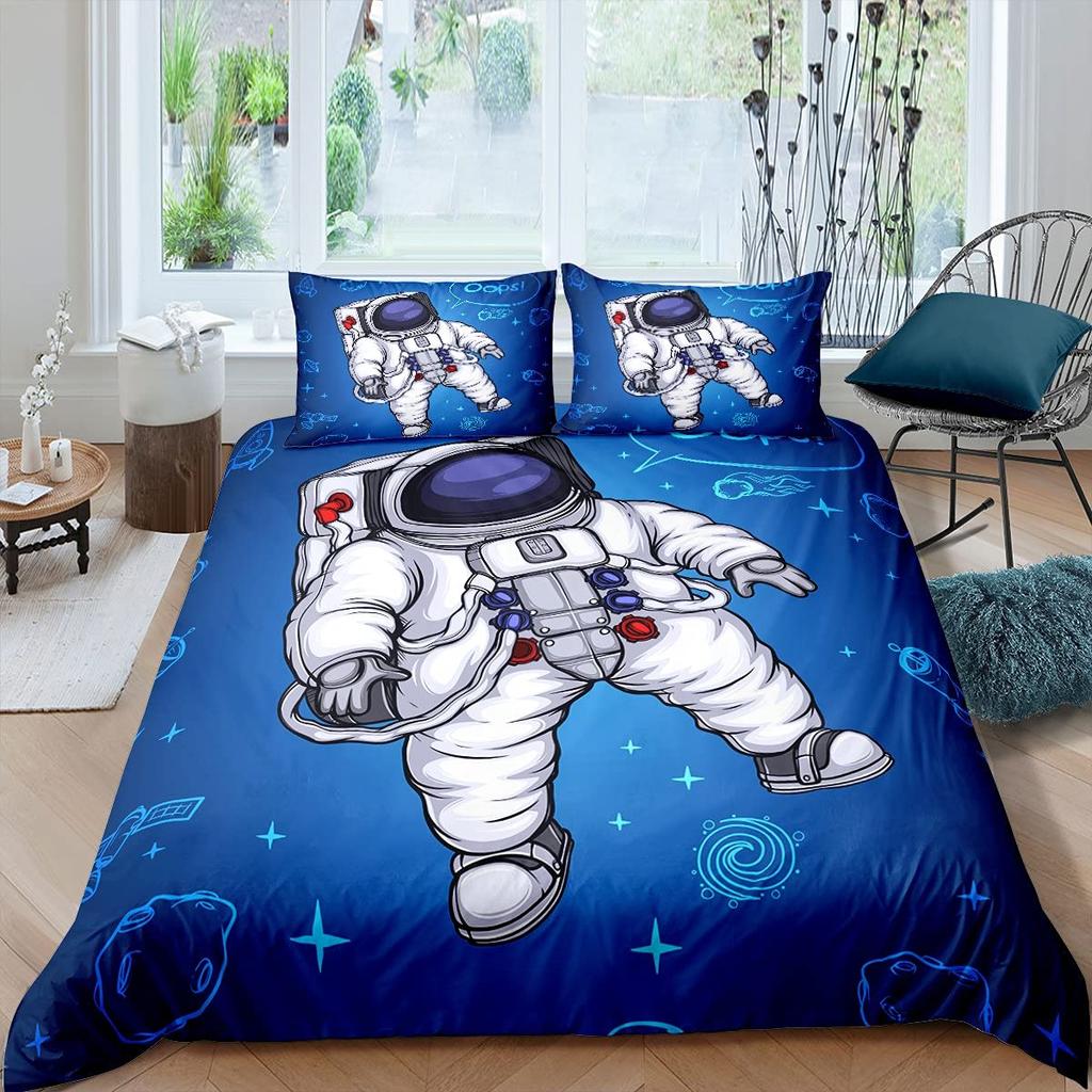 Child Cartoon Astronaut Duvet Cover Bedding Set King Size Boys Kids Galaxy Stars Out Space Soft Polyester Comforter Cover Black
