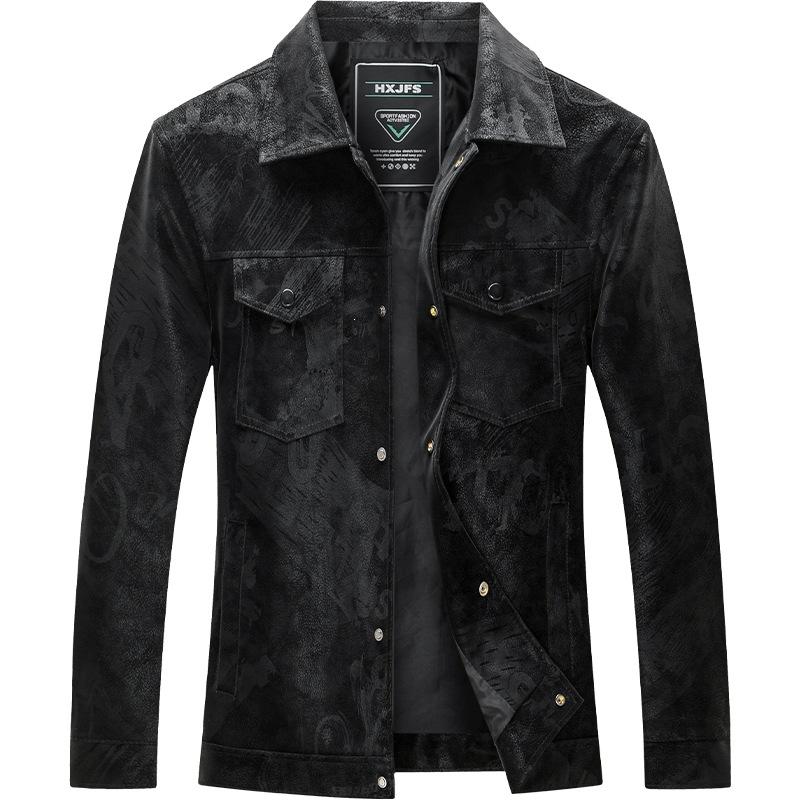 Autumn men's leather jacket, jacquard deer leather, fashionable lapel simple leather jacket for men