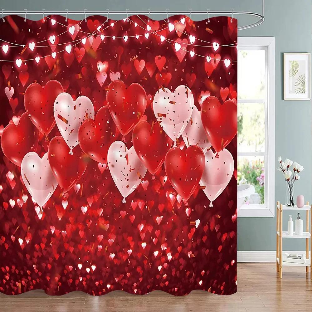 Valentine's Day Red Rose Shower Curtain Pink Red Love Tree Flower Polyester Fabric Washable Hanging Curtains Bathroom Decoration