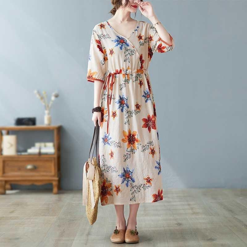 Nowe luźne plus size drukowane sznurki do wiązania w pasie etniczny styl dekolt w serek rękaw pięciominutowy literackie długie sukienki