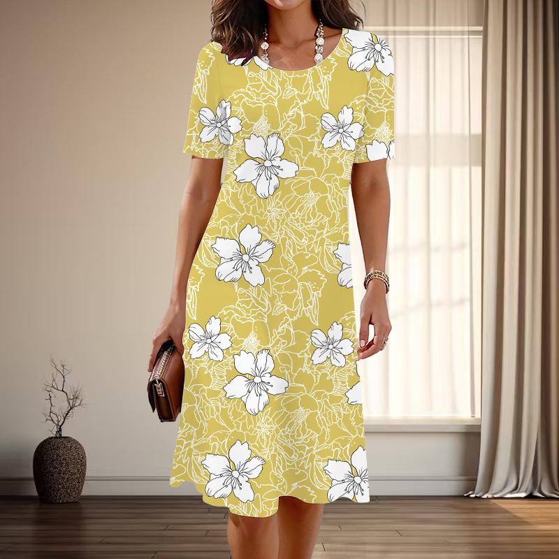 Women's Fashion Graceful Flower Print Summer Spring Short Sleeve O-Neck Casual Dresses