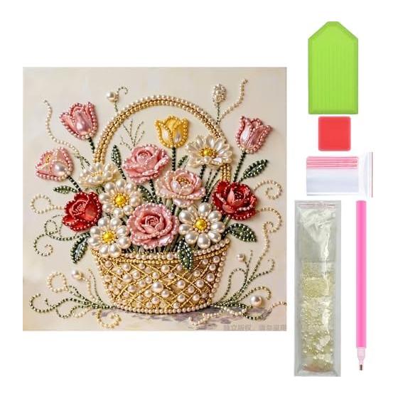 Amyaker Diamond Art Kit Pearl Art Pearl Bead Painting Kit DIY Handmade Painting Mosaic Art 5D Mosaic Art Pearl Painting 30x30cm Flower Basket
