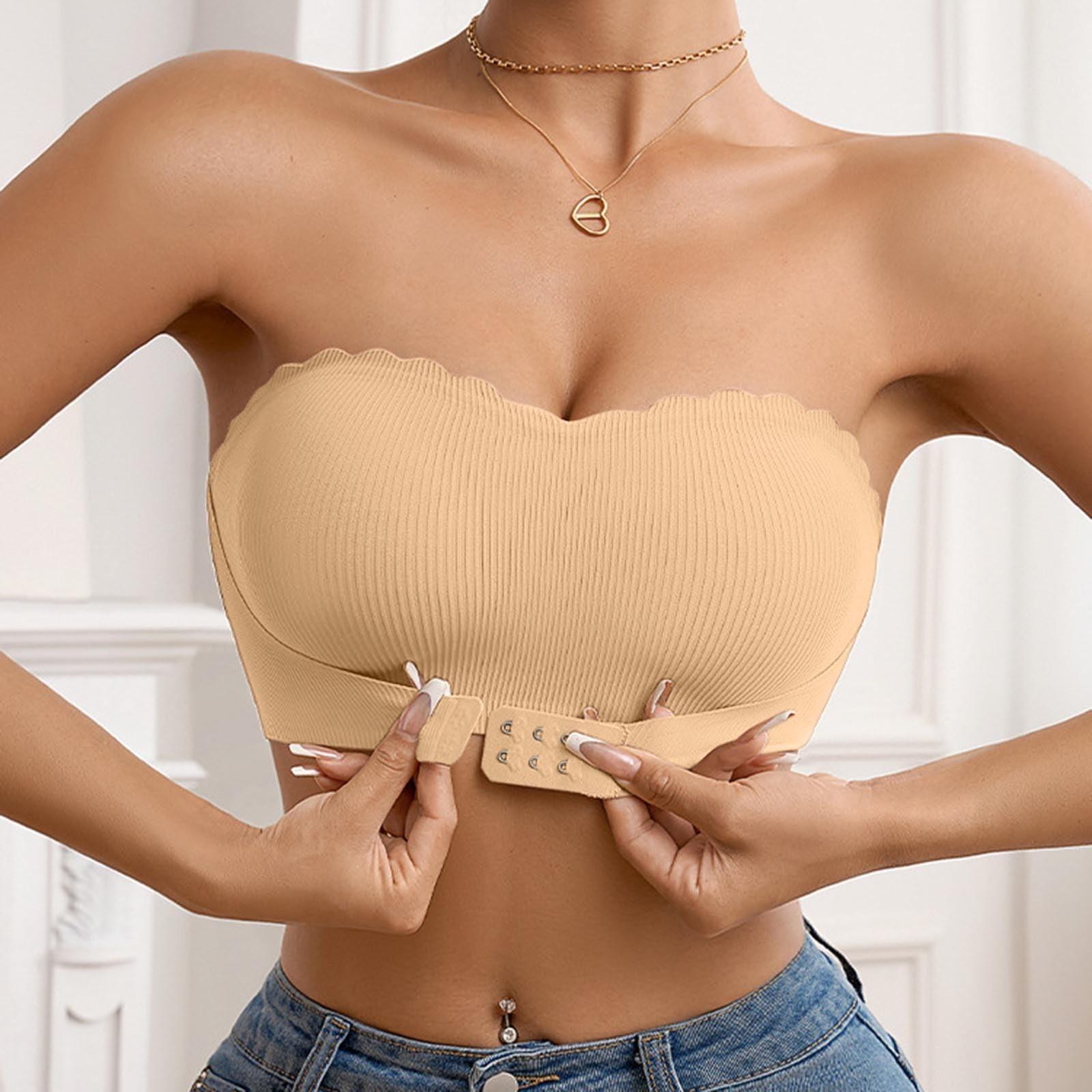 

Wireless Front Closure Strapless Bras For Women Push Up Bandeau Comfort Front Hook Bottom Hem Bralette Underwear 38 бежевий