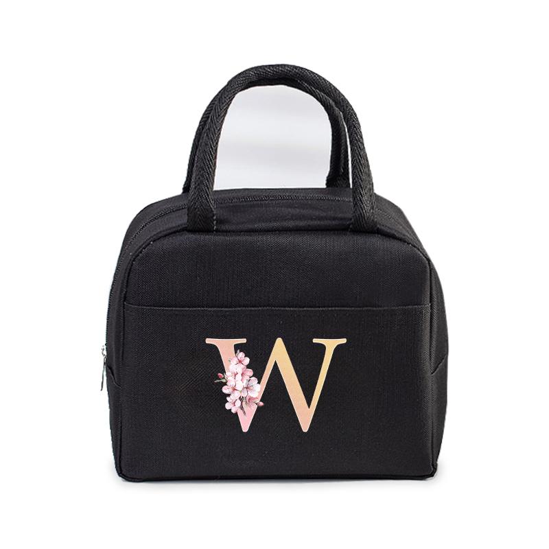 Cherry Blossom Letter N-Z Print Women Men Lunch Bag Fashion Alphabet Portable Insulated Bag School Multifunctional Bento Handbag