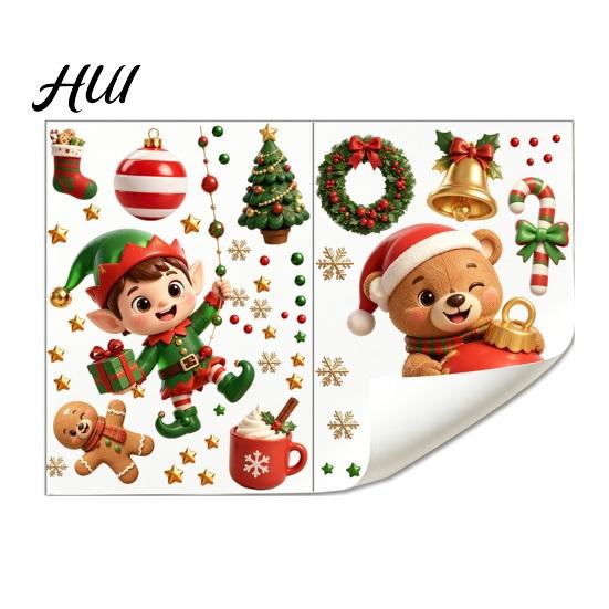 Holiday Atmosphere Window Films 2PCS Christmas Static Sticker, Cute Cartoon Elves And Bears Theme Glass Clings Print, PVC Stickers for Home