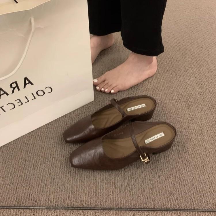 French retro bag head half slippers women's summer wear Korean version of gentle style evening shoes thick heel muller shoes half tray single shoes