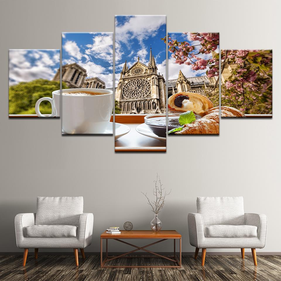 Canvas Painting Tea time coffee bread in Pair city 5 Pieces Wall Art Modular Wallpapers Poster Print for living room Home Decor