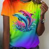 Women's Rainbow Gradient Round Neck Short Sleeve T-Shirt Colorful Dolphin Print Top