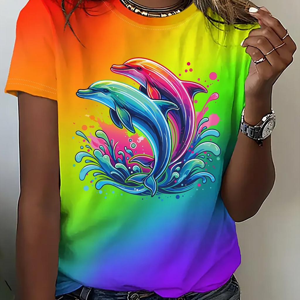 Women's Rainbow Gradient Round Neck Short Sleeve T-Shirt Colorful Dolphin Print Top