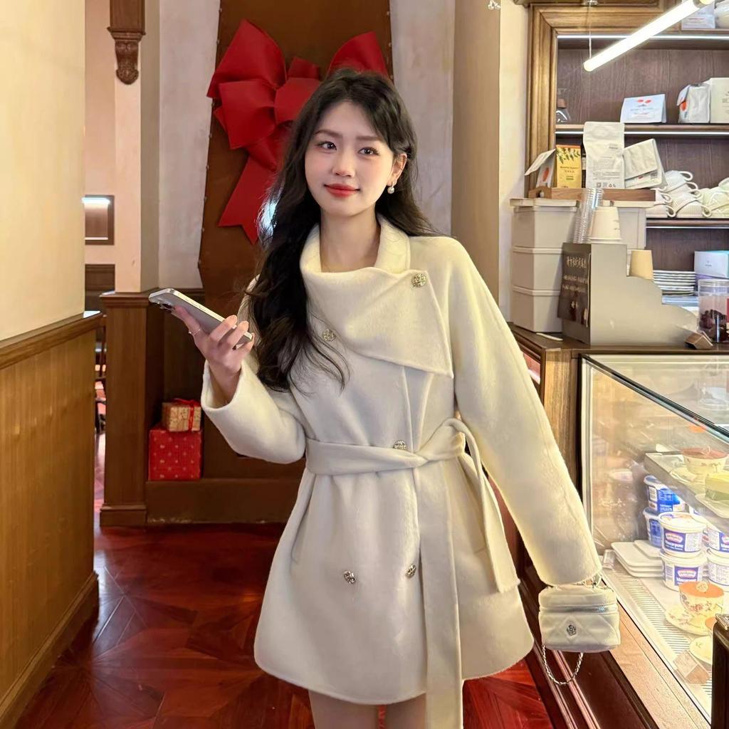 2025 Autumn/Winter Women's Korean Woolen Coat - Mid-Length Turtleneck Tie-Up Jacket, Black