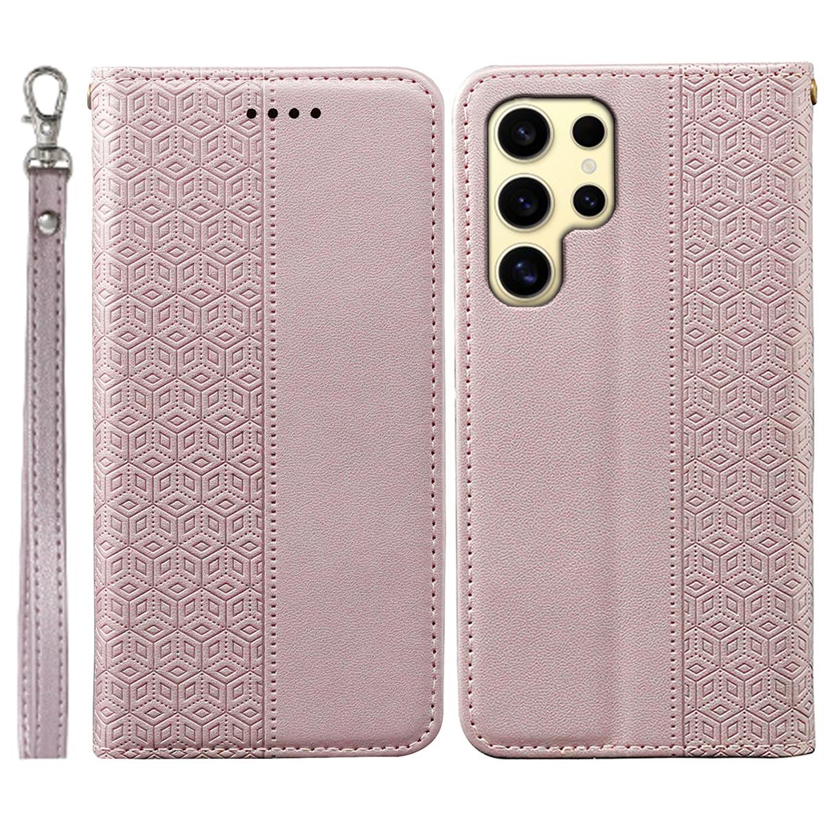 

For Samsung Galaxy S24 Ultra Wallet Phone Case Strong Magnetic Checkered Pattern Imprint Leather Flip Cover Rose Gold