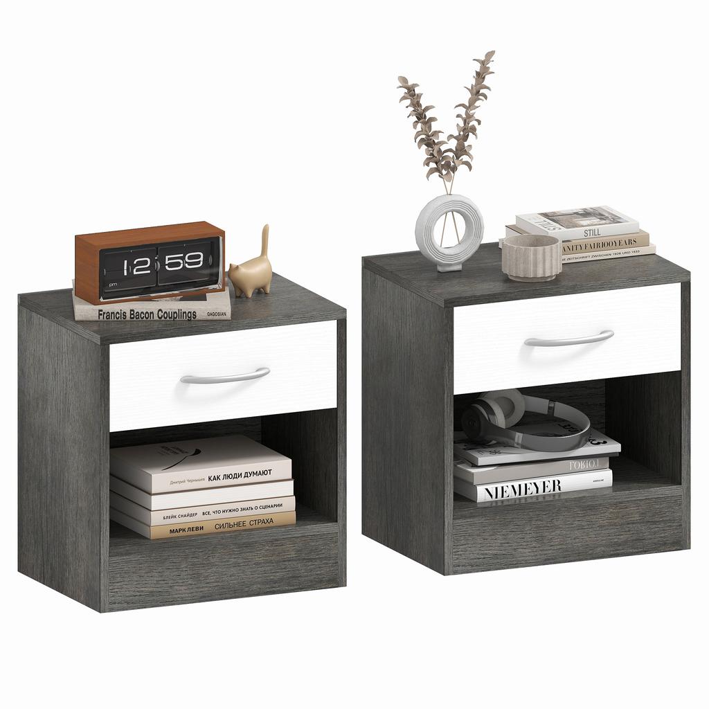 Set of 2 Modern Bedside Tables with Open Shelf and Drawer, in Wood, 39x28x41 cm, White and Dark Gray