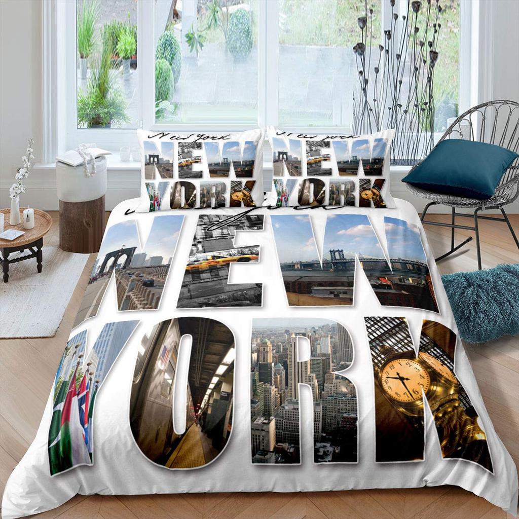 Cityscape Duvet Cover Set New York City Night View Quilt Cover For Boys Adults Microfiber Building Bedding Set 2/3Pcs King Size