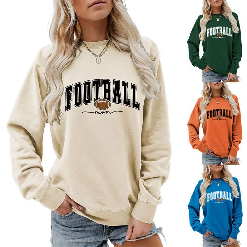 Womens Casual Round Neck Long Sleeve Cotton Sweatshirt With Football Mom Print - Loose Fit Plus Size S-XXL