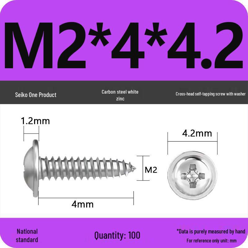 PWA Nickel-Plated Carbon Steel Self-Tapping Screws with Washer, White Zinc Cross Head, Pointed Tail, Sizes: 1.6/1.8/2/2.5