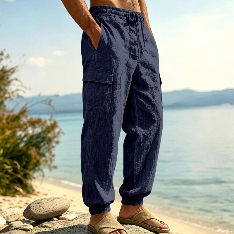 Men Drawstring Elastic Waist Multi Pocket Cargo Jogger Linen Pants Multiple Colors Available