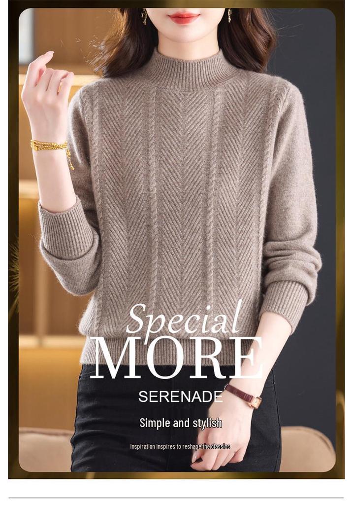 Stylish Autumn/Winter Women's Cashmere Sweater with Half-High Collar – Solid Color Thickened Wool Knitwear for Mid-Aged Mothers