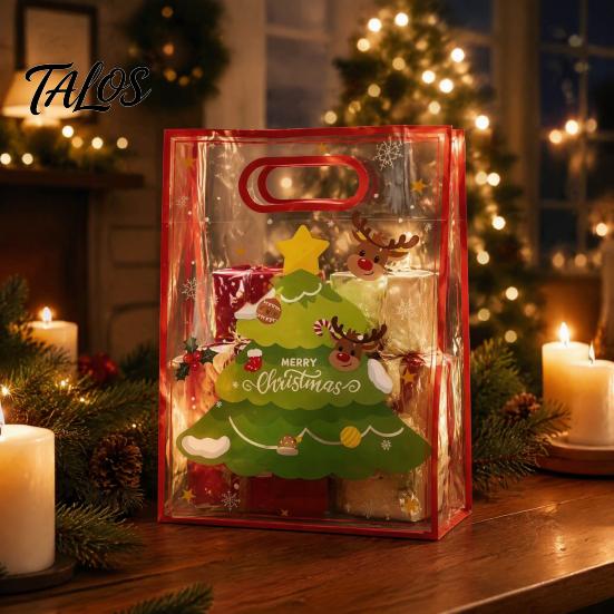 Small Gift Sacks for Christmas Bags with Handles, Reusable Clear PP Treat Dessert Packaging Candy Apples Cookies, Holiday Party Favor Ribbon Bow Eve