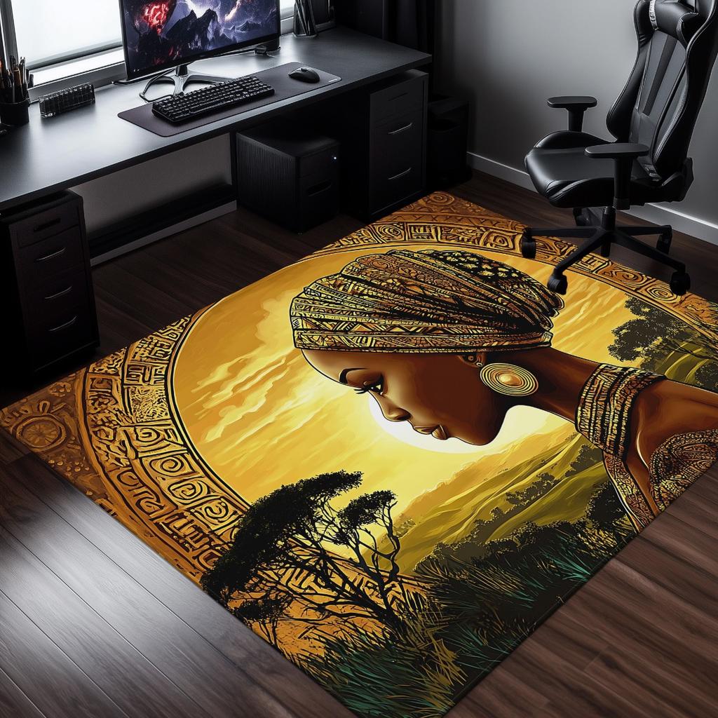 Afrikaanse vrouw zonsondergang landschap kristal fluweel tapijt cultureel kunst tapijt etnisch stammenontwerp woonkamer vloermat Afro-Amerikaans