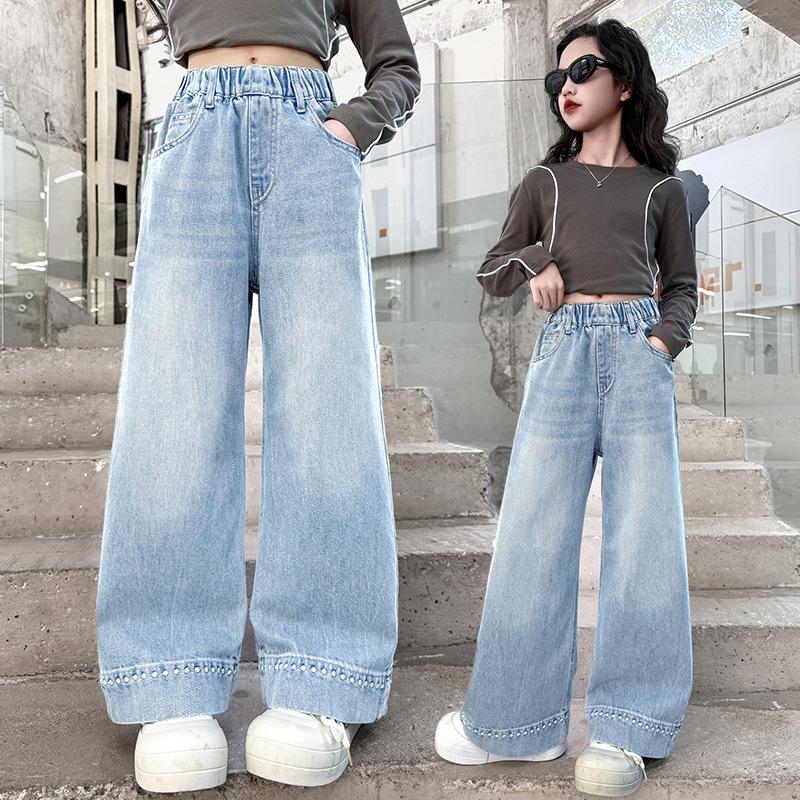 Girls' Spring & Autumn Straight Wide Leg Jeans - Trendy, Loose Fit for Elementary School Students