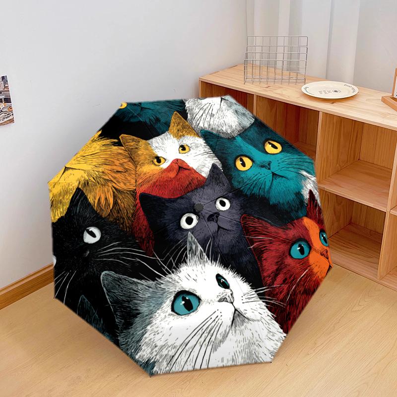 1 PC Automatic Folding Umbrella - Colorful Cats Pattern, Portable & Foldable Design with 8 Ribs, Christmas Birthday Gifts