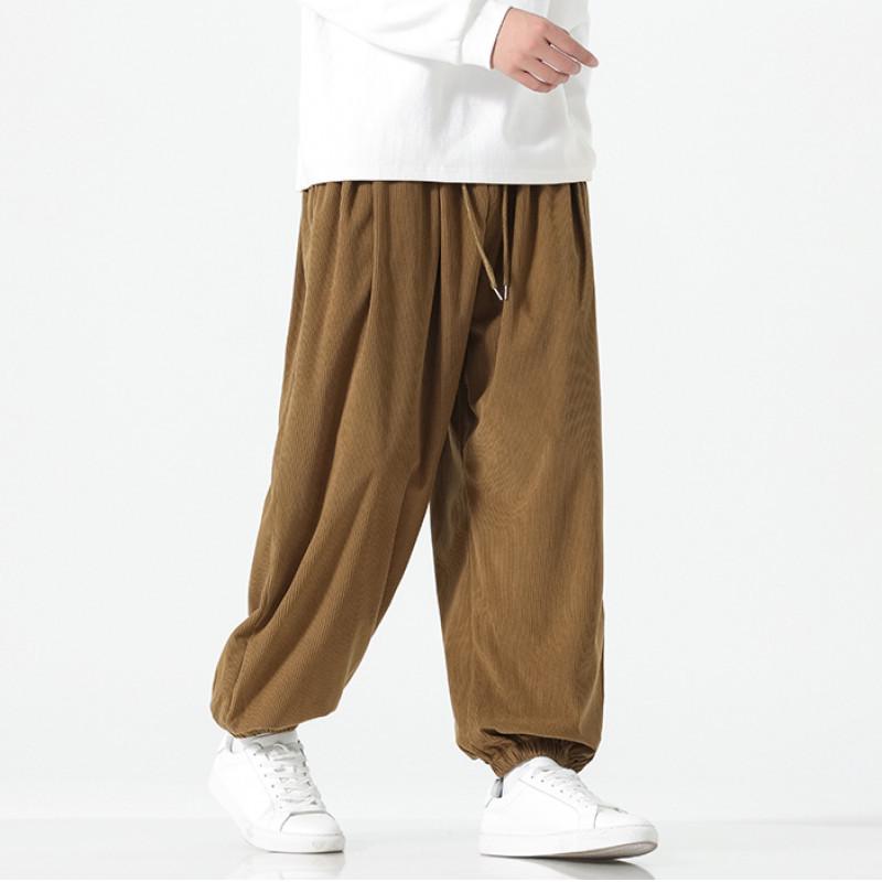 Pantalones bombachos de pana de estilo chino para hombre, corte holgado y pernera ancha