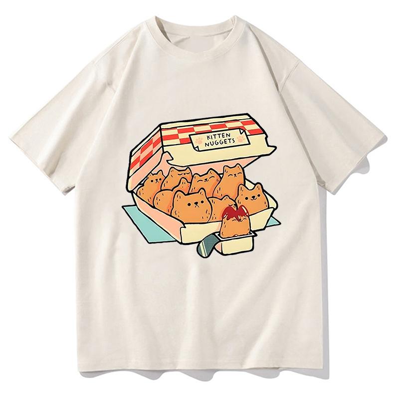 Kocięce Nuggets Radosne Koszulki Damskie Kawaii/urocze Koszulki High Street 100% Bawełna T-shirty Kocie Ciastka Sos do Maczania Krótki Rękaw