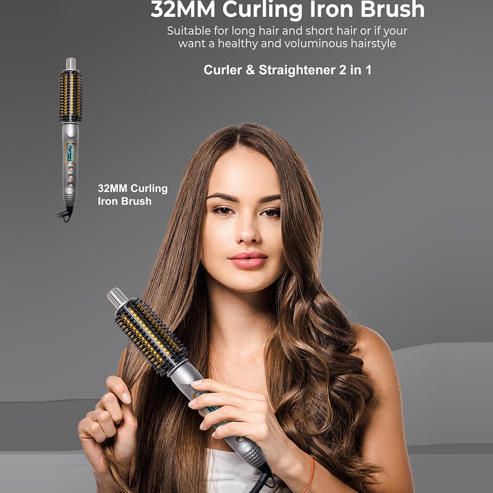 3-In-1 Hair Curler Straightener Anti-Scald Curling Iron Brush Ceramic Ionic Hair Heated Round Brush Electric Curling Wand