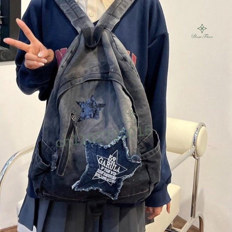 Y2K Korean Casual Denim Backpack Fashion Star Pattern Large Capacity Student Schoolbag Teenagers Vintage Punk Travel Book Bag 39x28x15cm чёрный