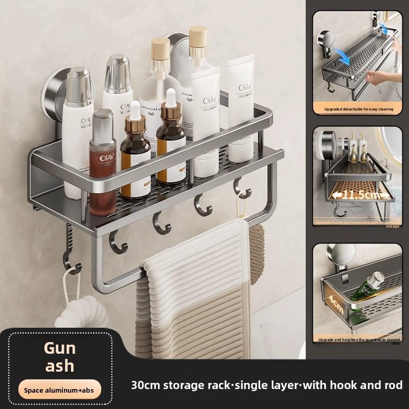 Wall Mount Bathroom Shelf With Suction Cups And Space Aluminum For Vanity Storage