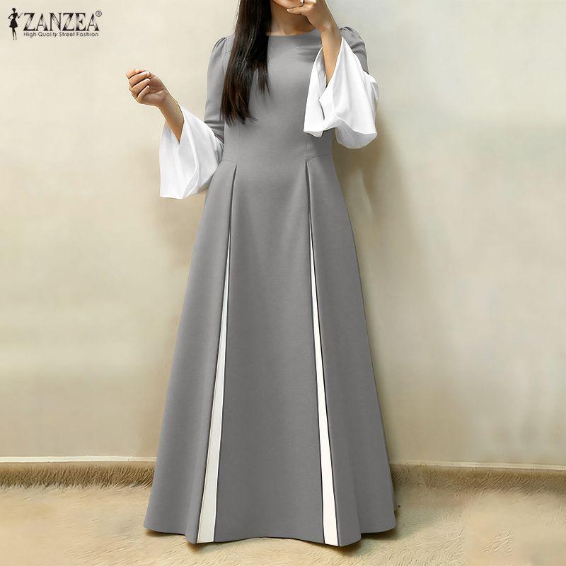 ZANZEA Women Casual Round Neck Long Sleeve Loose Long Dress