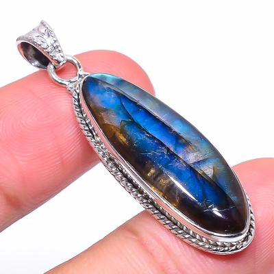 Natural Labradorite Gemstone 925 Solid Sterling Silver Gift Pendant 1.89" Z4y53