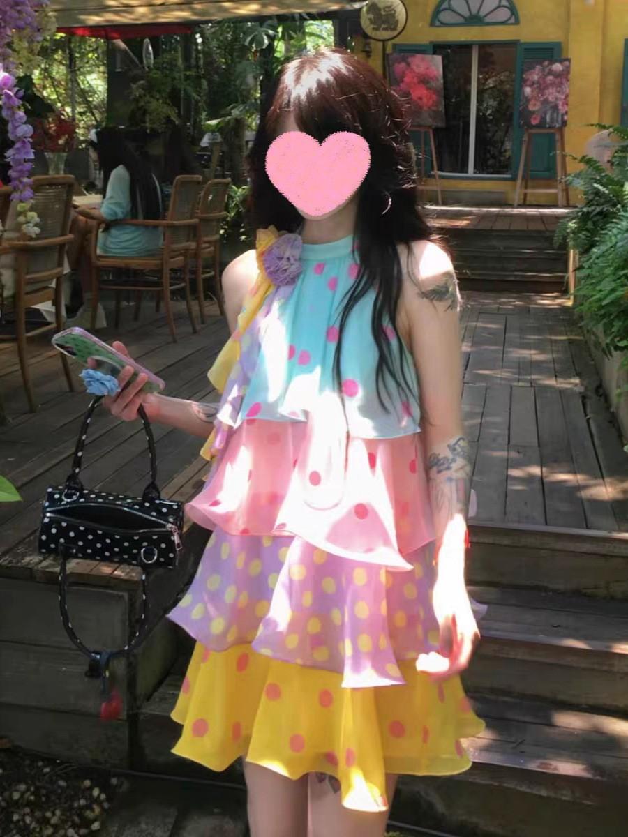 Colorful dopamine neck polka dot cake dress women s summer sweet Jingdezhen seaside vacation travel skirt S