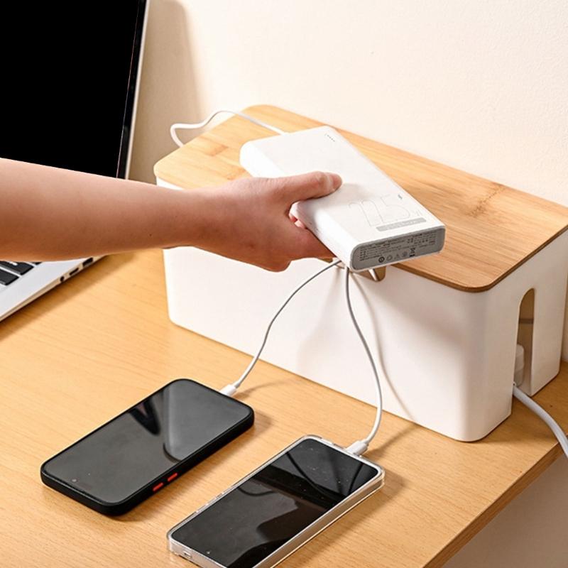 Practical Cable Box With Wood Top Wall Mounted Cable Management Container with Wood Lids for Safe Wire Keeping