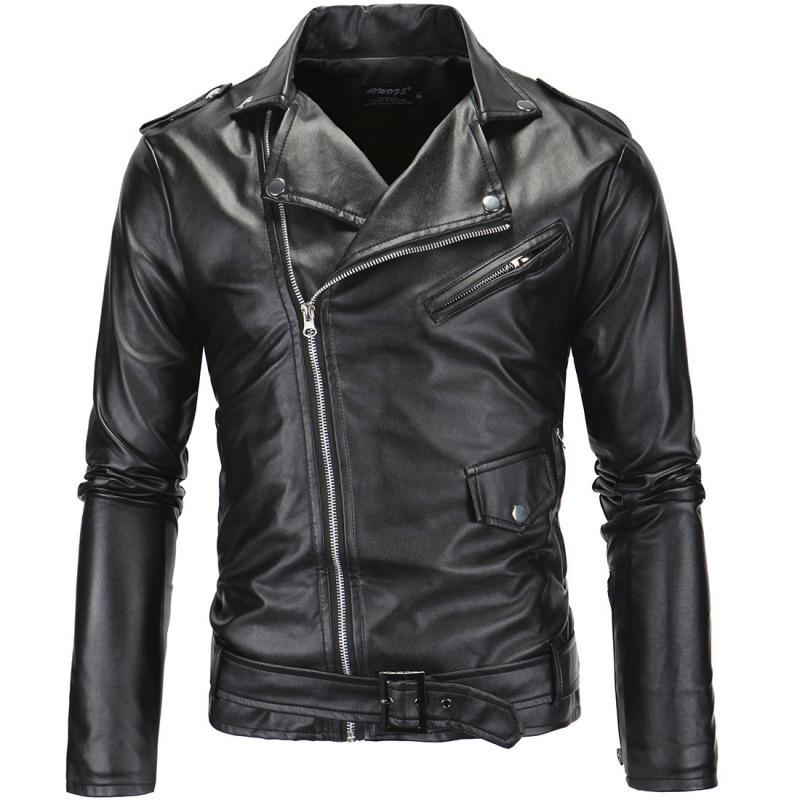 Men's Locomotive Slim Fit Casual Lapel Oblique Zipper Leather Jacket/YP