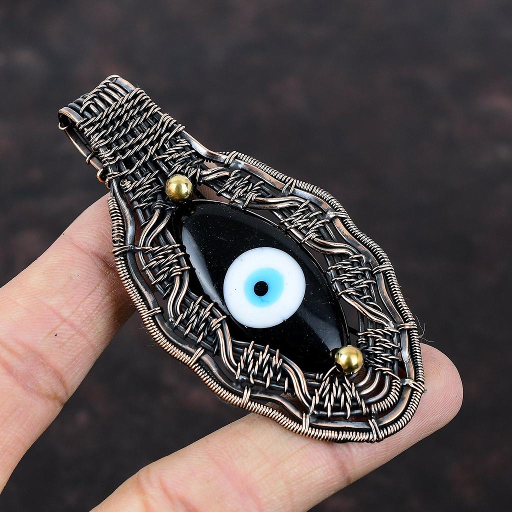 Black Color Evil Eye Pendant Copper Wire Wrapped Pendant Gemstone Jewelry Handmade Pendant Elegant Pendant Copper Wire Jewelry Gift For Him
