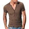 V-Neck Short Sleeve Buttons Half Placket Thin Men T-shirt Summer Solid Color Slim Fit Sport Top Streetwear