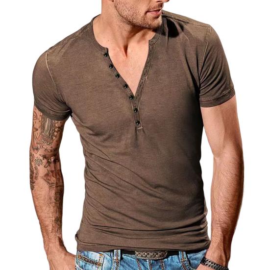V-Neck Short Sleeve Buttons Half Placket Thin Men T-shirt Summer Solid Color Slim Fit Sport Top Streetwear